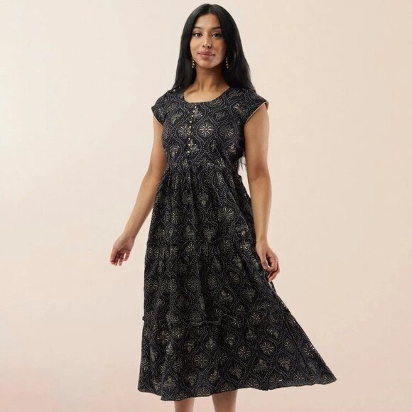 Stylish Black Printed Rayon Tiered Dress | Muvvas Boutique - Picture 1 of 4